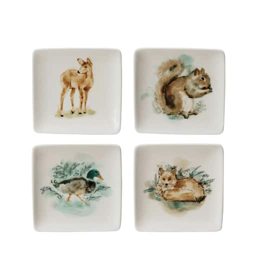 Hello Honey® 4" Woodland Animal Square Stoneware Plate Set